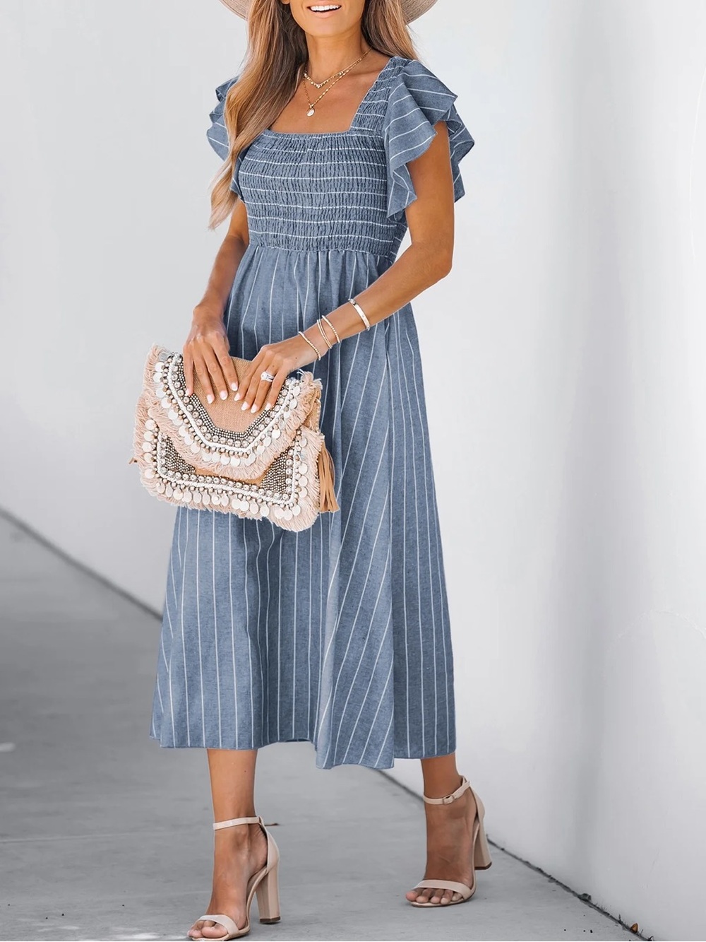 Simplee Amazon Blue Striped Smocked Midi Dress Size L -Runs Small - Picture 2 of 8